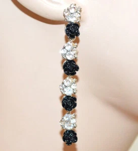Damen Ohrringe Silber Blumen Schwarz Strass Transparent Lange Anhänger UBB2 - Bild 1 von 2