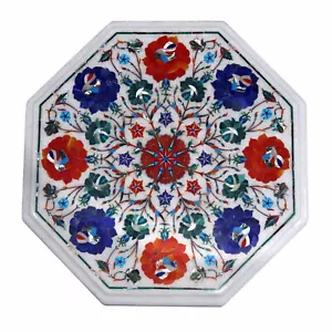 12" Marble Corner Table Top Semi Precious Stones Inlay Handmade Home Decor - Picture 1 of 1
