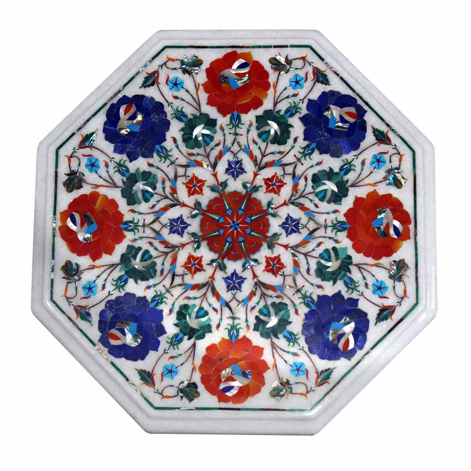12" Marble Corner Table Top Semi Precious Stones Inlay Handmade Home Decor - Image 1 of 1