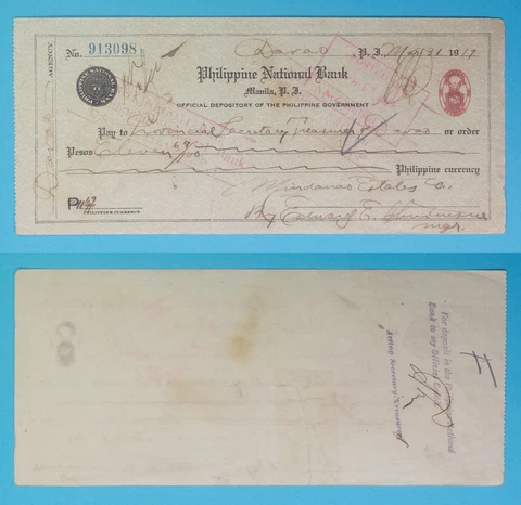 1919 Philippine National Bank 11.69 Peso Check ~ Davao Provincial Treasurer ~098 Cover
