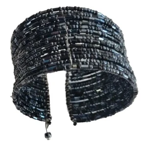 WICKELARMBAND MANSCHETTE mit vielen schwarzen Moppperlen, passt 8" Handgelenk dunkelblau/schwarz - Bild 1 von 4
