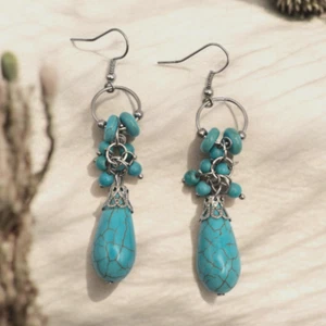 Turquoise Blue Dyed Howlite Teardrop Dangle Drop Earrings Silvertone Hooks - Picture 1 of 4