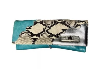 Leather Python Snakeskin purse shoulder clutch Turquoise Rhinestone Western - Image 1 of 4