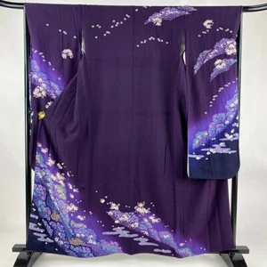 Japanese kimono SILK FURISODE Suzunoya Cherry Blossom Egazumi Shibori Purple - Picture 1 of 5