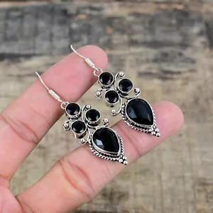 Black Spinel Gemstone 925 Silver Dangle Drop Earrings For Anniversary Gifts - Picture 1 of 4