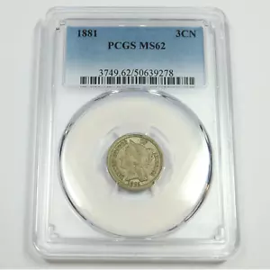1881 PCGS MS62 - Three Cent Nickel 3c US Coin #52636A - Picture 1 of 4