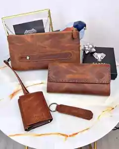 SET.1, marrón, bolso de asa, billetera de 2 piezas, juego de regalo de cuero genuino para llavero, unisex - Imagen 1 de 9