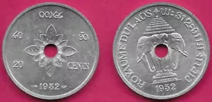 REINO DE LOS LAOS 20 CENTAVOS 1952 UNC TIPO 1 AÑO, REGLA SISAVANG VONG, AGUJERO CENTRAL CONI - Imagen 1 de 1
