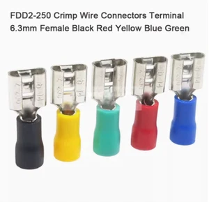 FDD2-250 Crimp Wire Connectors Terminal 6.3mm Female Black Red Yellow Blue Green - Picture 1 of 3