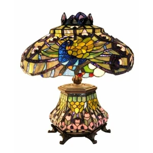 Lamp Peacock Table Stained Glass Tiffany Style Light Lit Base Shade Beautiful - Picture 1 of 13