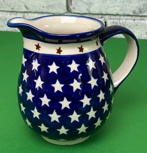 Bolesławiec Polish Pottery Pitcher Jug Stars & Stripes Americana 5.5" - Picture 1 of 13