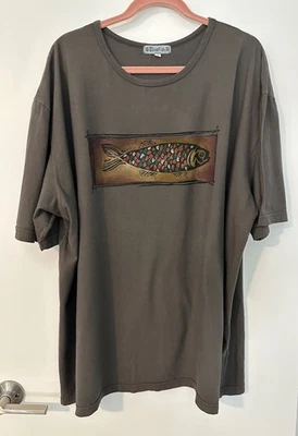 Camiseta gris vintage 2008 Blue Fish Clothing artística impresa a mano talla grande BF talla 2 Foto 1 de 4