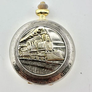 Railroad Locomotive Pocket Watch Quartz Japan Movt Two Tone Gold Hunter Case - Picture 1 of 9