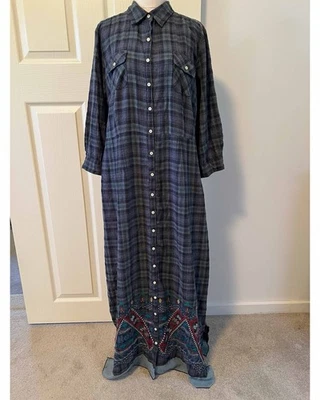 Rare Johnny Was Green Blue Long Plaid Embroidered Maxi Shirt Dress- Size M - image 1 of 4