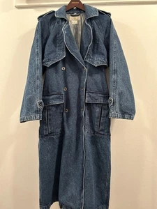 Vintage 90s Starting Point Blue Denim Trench Coat Long/Duster Belted Pocket Sz M - Picture 1 of 12