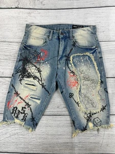 Pantalones Cortos de Jean Smoke Rise Hombres Talla 30 Estrás Flecos Denim Gráficos - NUEVO - Imagen 1 de 10
