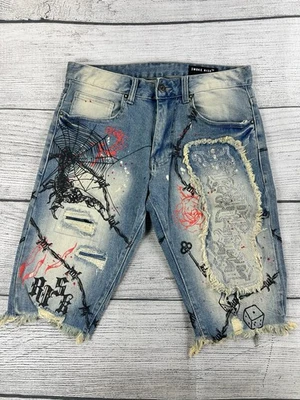 Pantalones Cortos de Jean Smoke Rise Hombres Talla 30 Estrás Flecos Denim Gráficos - NUEVO Foto 1 de 4