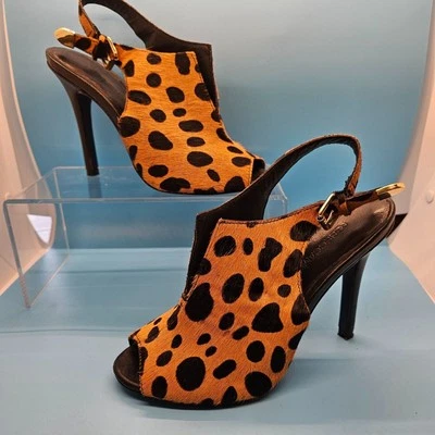 Tacones de aguja Rebecca Minkoff Cheetah pelo de becerro punta abierta con cordones SEXY talla 6M Foto 1 de 4