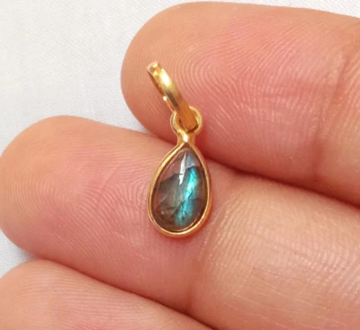Natural Labradorite Charm Necklace, 18k Yellow Gold Pendant , Handmade Jewelry - Image 1 of 4