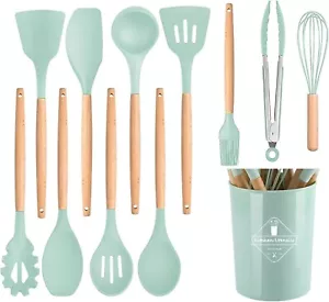 12 pcs Green Nonstick Silicone Kitchen Utensil Set with Natural Wooden Handles - Picture 1 of 7