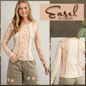 EASEL Mixed Print Fitted Lightweight & Soft Baby Ribbed Knit Top W/Exposed Seams - Picture 1 of 14