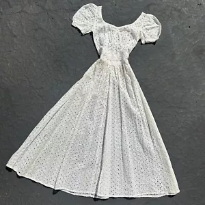 Vintage 1930s White Cotton Floral Eyelet Pink Ribbon Deco Gown Puff Sleeve Dress - Picture 1 of 11