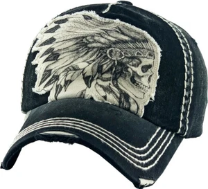 Native American Indian Chief Skull Vintage Distressed Black Cap Hat by KB Ethos - Picture 1 of 3