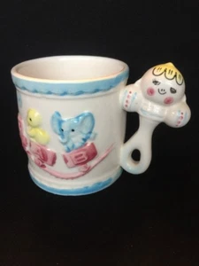 Vintage Made in Japan Ceramic Baby Cup Mug with Train Baby Rattle Handle 3D - Picture 1 of 6
