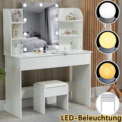 Schminktisch Frisiertisch Kosmetiktisch mit Hocker LED-Beleuchtung Spiegel Weiß - Bild 1 von 4