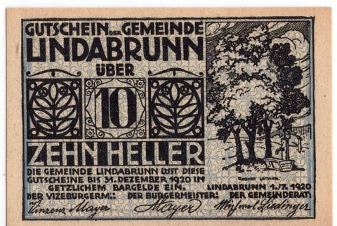 1920 Austria Notgeld Lindabrunn 10 Heller (D283) Cover