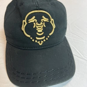 True Religion Buddha Embroidered Trucker Hat Cap Adjustable Leather Strap Black - Picture 1 of 15