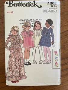 Años 70 SIN CORTAR Butterick Patrón de Costura 5602 Niñas Cottagecore Pradera Vestido Talla 6 - Imagen 1 de 2