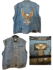 HARLEY DAVIDSON Denim Vest Vintage 90s Spread Eagle Embroidered Biker Mens 3XL - Picture 1 of 9