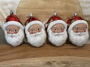 Santa Head Ornaments Glitter, Fuzzy Beard Destination Holiday set of 4, Red - Picture 1 of 20