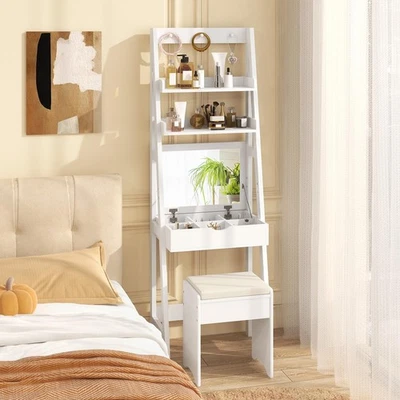 Tocador Escritorio con Espejo Abatible y Taburete, Juego de Tocador de Maquillaje con Iluminación de 3 Colores Foto 1 de 4