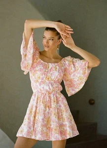 Sabo Skirt Indie Dress White Yellow/Pink Flower Short Cotton Size XS - Picture 1 of 5