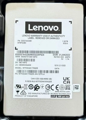 LENOVO SSS7A43280 THINKSYSTEM 2,5'' 5210 ION 1,92TB  SATA 6GB SSD MTFDDAK1T9QDE - Image 1 of 2