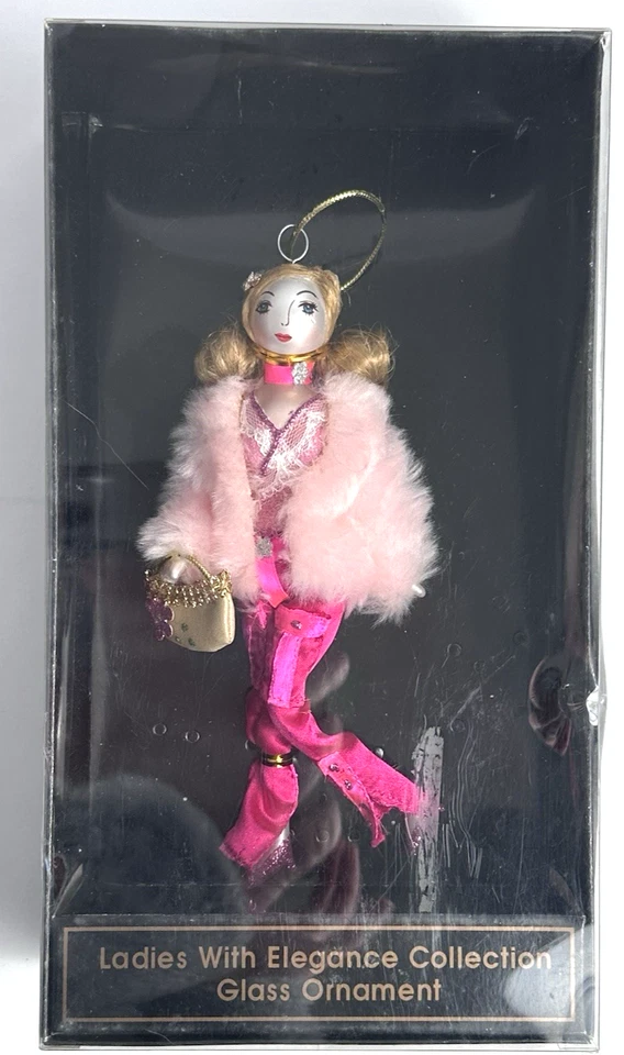 Ladies With Elegance De Carlini 7.5" Pink Faux Fur Coat Glass Ornament NEW - Image 1 of 1