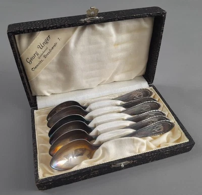 ALT ANTIK Besteck Silber mit MONOGRAMM Solingen 90er um 1900 Kaffee-Löffel inBOX - Bild 1 von 4