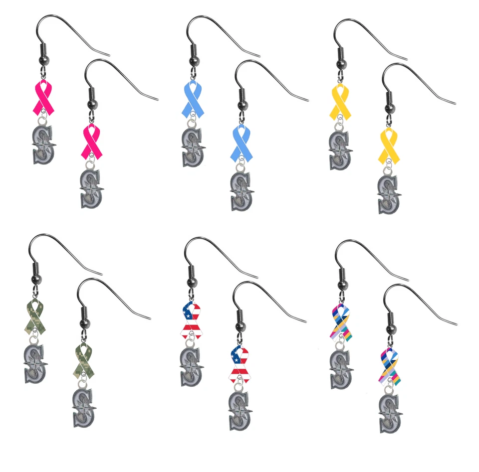 Seattle Mariners 2 Ribbon Earrings Pink Cancer Blue Yellow Camo USA Crucial - Image 1 of 1