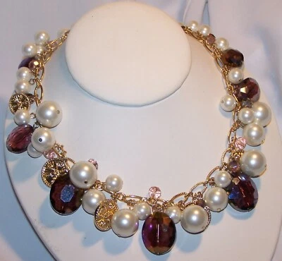 Collar llamativo con cuentas de cristal de perlas sintéticas - Lucite nuevo con etiquetas - firmado Foto 1 de 4