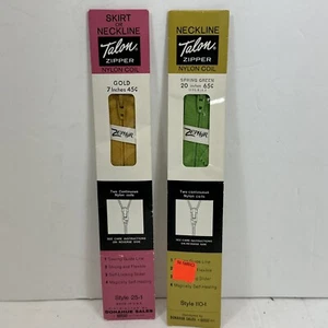 Lot 2 Vintage Talon Zipper Metal Neckline Green Gold 20” And 7” NOS - Picture 1 of 6