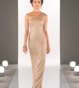 Sorella Vita Champagne Gold Sequin One Shoulder Stretch Sparkly Gown 16 Fits 12 - Picture 1 of 13