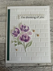 Card Set Of 4 Stampin Up Thinking Of You Handmade Cards  Purple Flowers Embossed - Picture 1 of 3