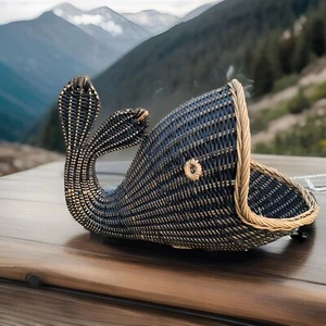 Pottery Barn Wicker Whale Nautical Basket Kids Large Rattan Blue Beige Handmade - Picture 1 of 12