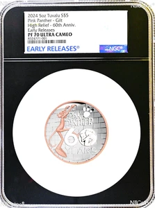 2024 HIGH RELIEF 5oz Silver Gilt by Pink Gold Pink Panther $8 Coin NGC PF70 ER - Picture 1 of 5