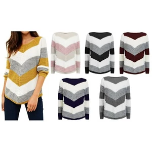 NEU DAMEN CHEVRON STREIFEN PULLOVER DAMEN GROBSTRICK BLOCKSTREIFEN V-FORM SAUM TOP - Bild 1 von 10