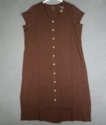 NEW Denim & Co. Naturals Midi Dress Women's 2X Brown Button Front Slub Knit - Image 1 of 4