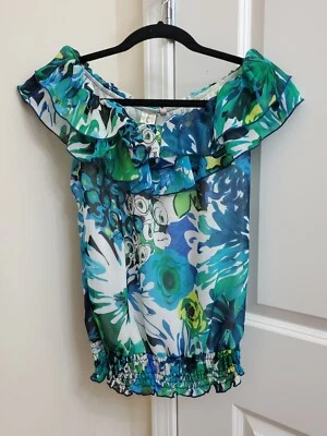 Women's Ladies Heart Soul S Black Green Blue Sleeveless Blouse Shirt Top ruffles - Image 1 of 4