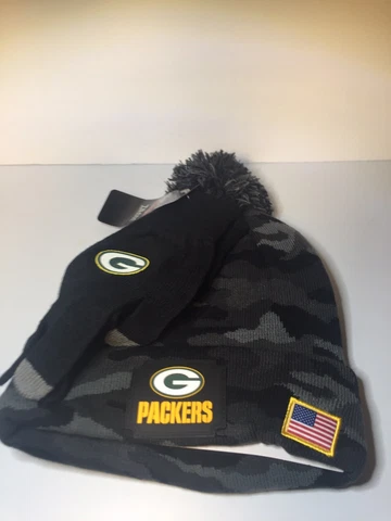Green Bay Packer NFL Team Apparel Black And Gray Beanie Hat And Glove Cover